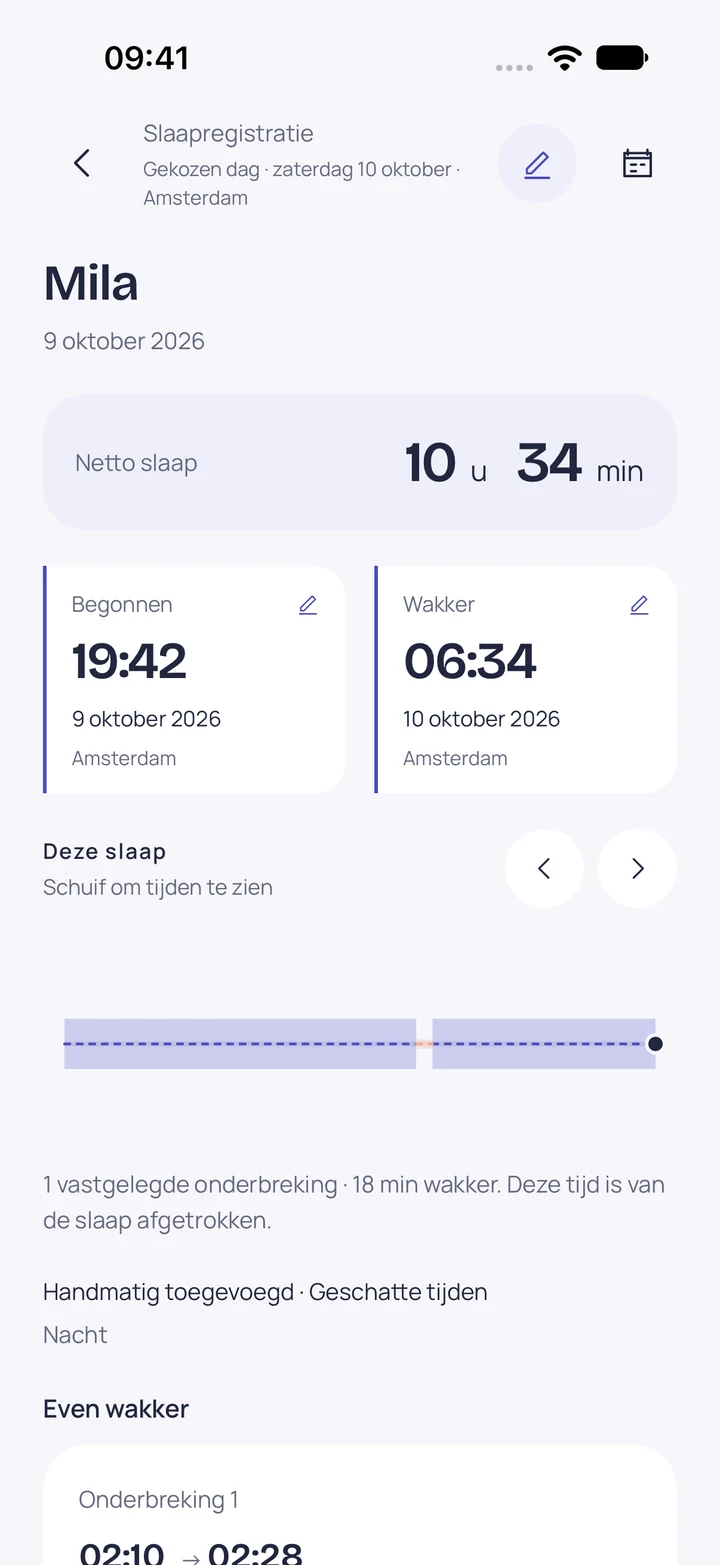 Een opgeslagen nacht in Doozle: 19:42 tot 06:34, 18 minuten wakker, 10 uur en 34 minuten geslapen.